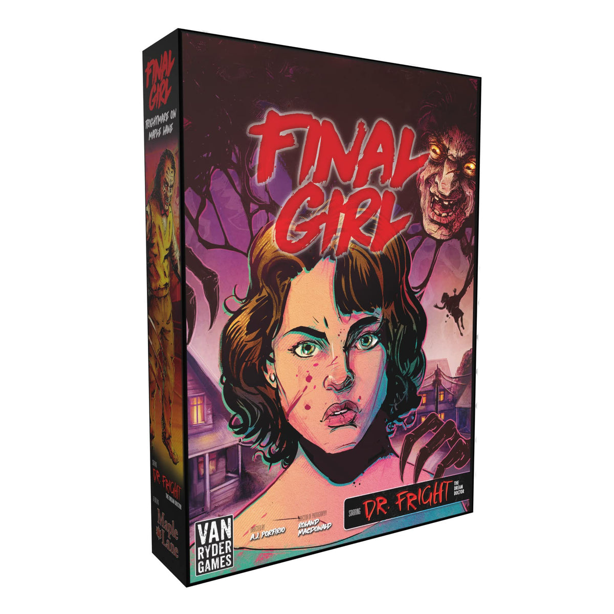Van Ryder Games Frightmare on Maple Lane box cover showcases immersive artwork for a chilling setup.