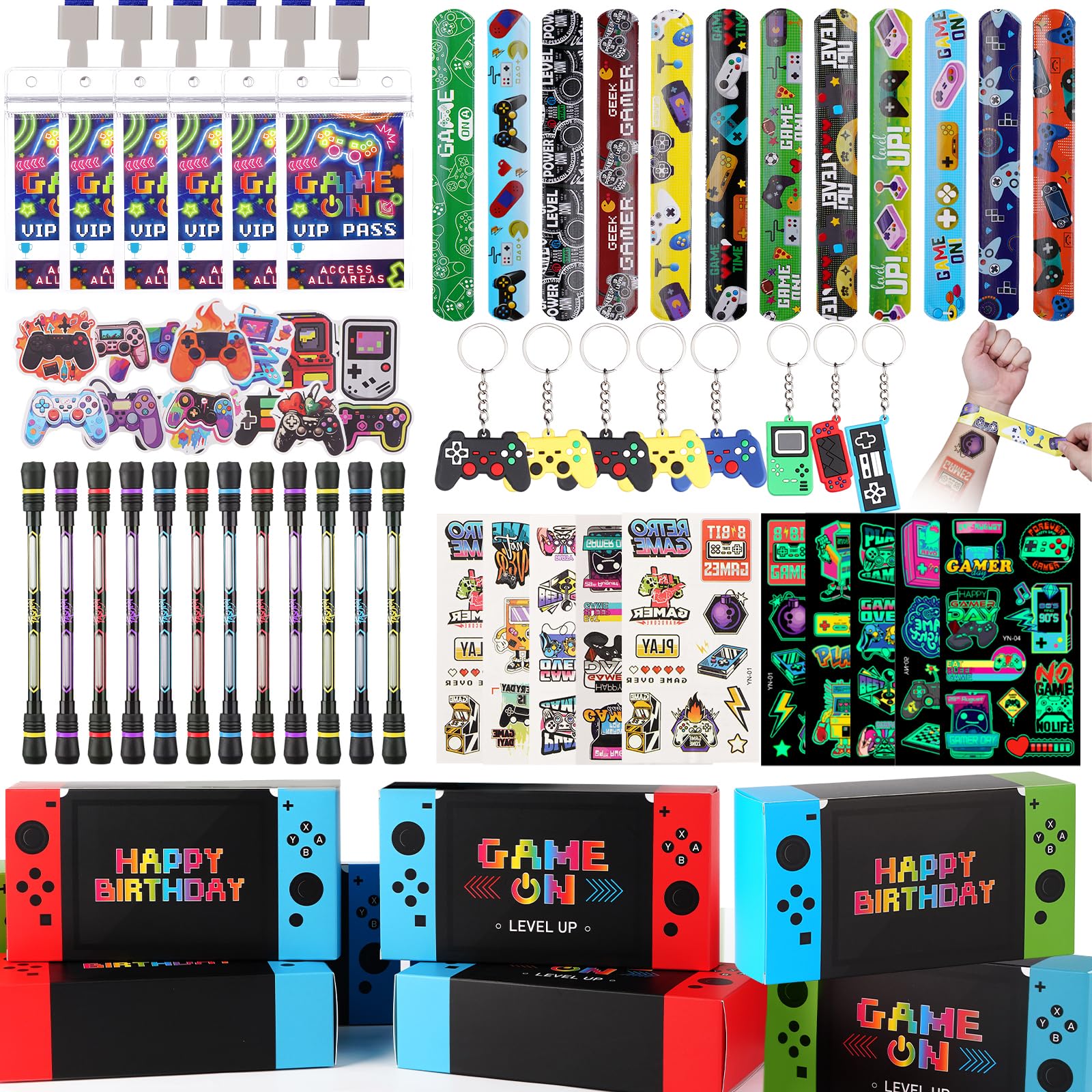 Vanblue gift boxes featuring video game party favors for kid-friendly decorations and gifts.