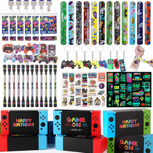 Vanblue gift boxes featuring video game party favors for kid-friendly decorations and gifts.