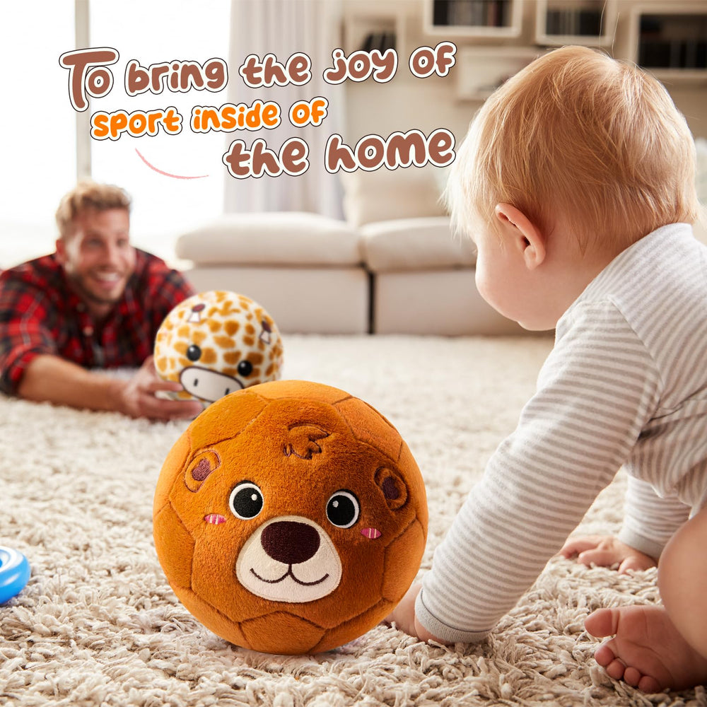 VangeBow Bear Plush Soccer Ball packaging with pump included for easy setup