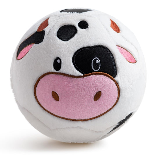 VangeBow Cow Plush Ball face closeup shows soft fur for safe indoor play.