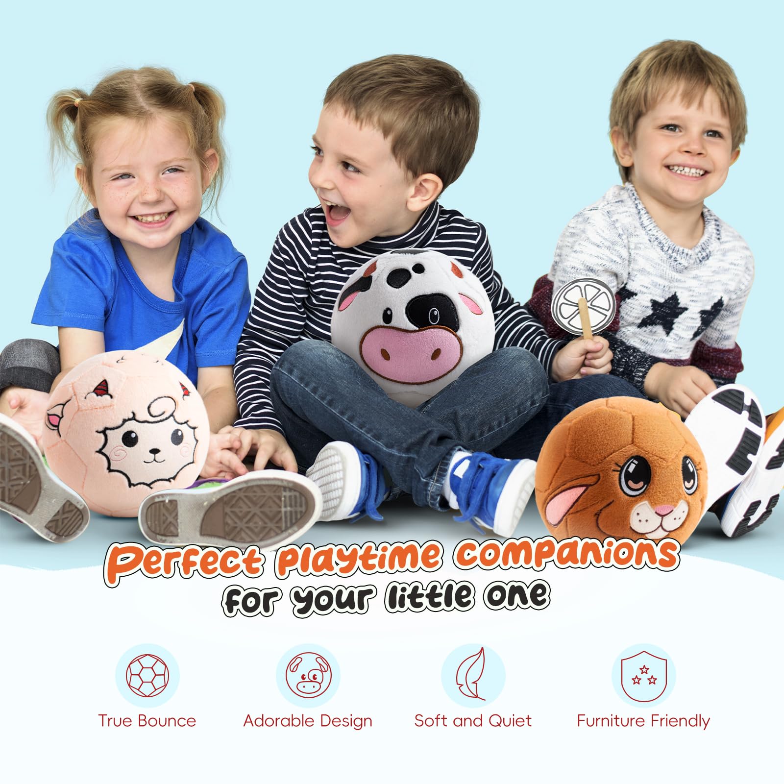 VangeBow Cow Plush Ball in kick action demonstrates easy handling for toddlers.