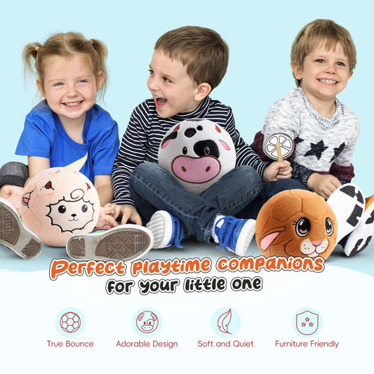 VangeBow Cow Plush Ball in kick action demonstrates easy handling for toddlers.