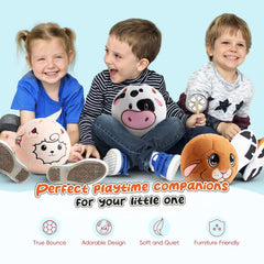 VangeBow Cow Plush Ball in kick action demonstrates easy handling for toddlers.