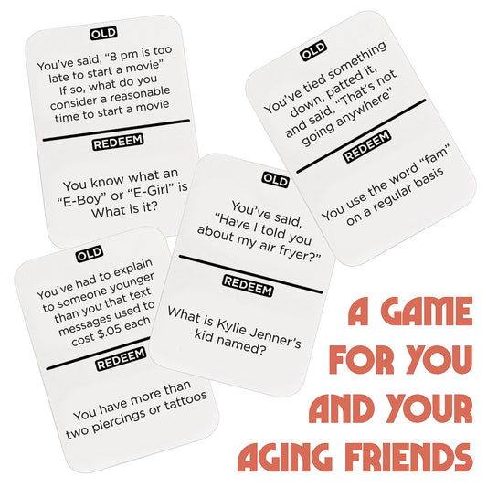 Vango You’re Getting Old cards spread on table sparking playful conversation.