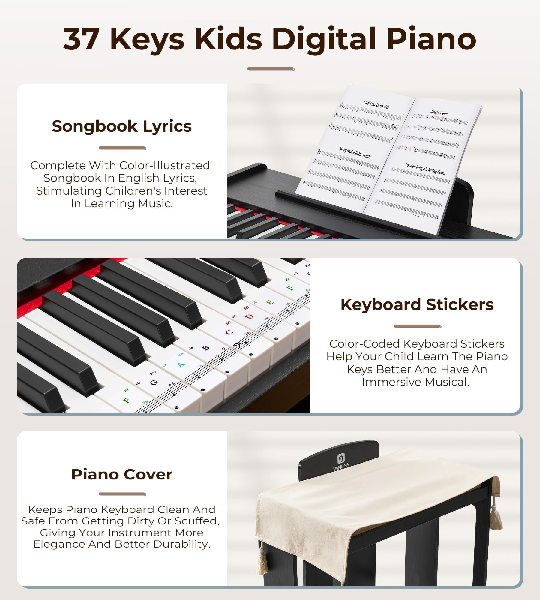 Vangoa 3-octave range enables simple melodies and rhythm.