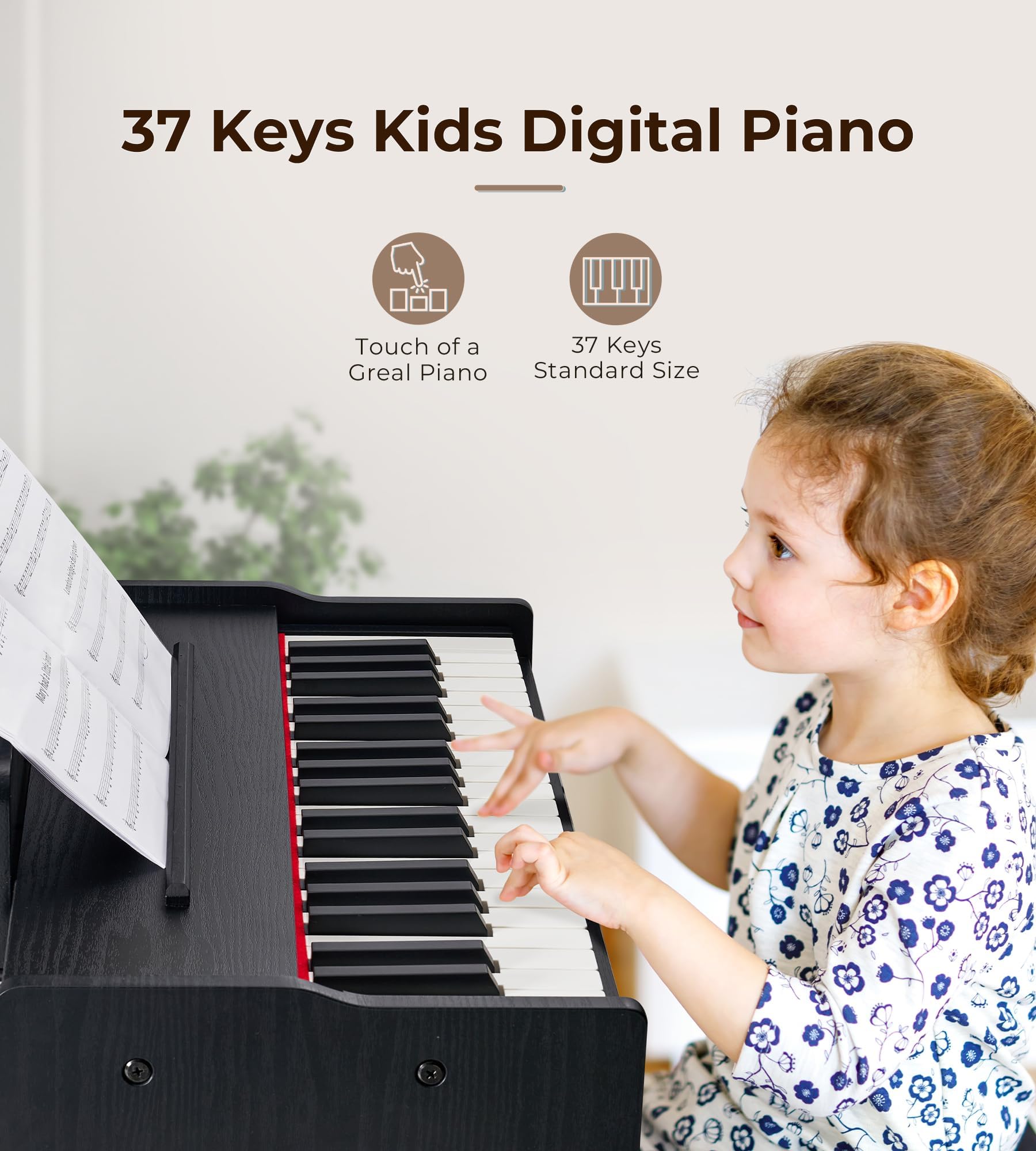 Vangoa 37-key setup mimics full-size piano for easy progression.