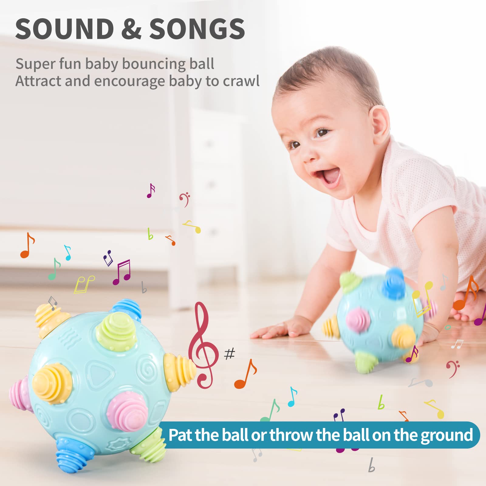VANLINNY Bumble Ball dancing action shows it rolling and playing music to motivate movement.