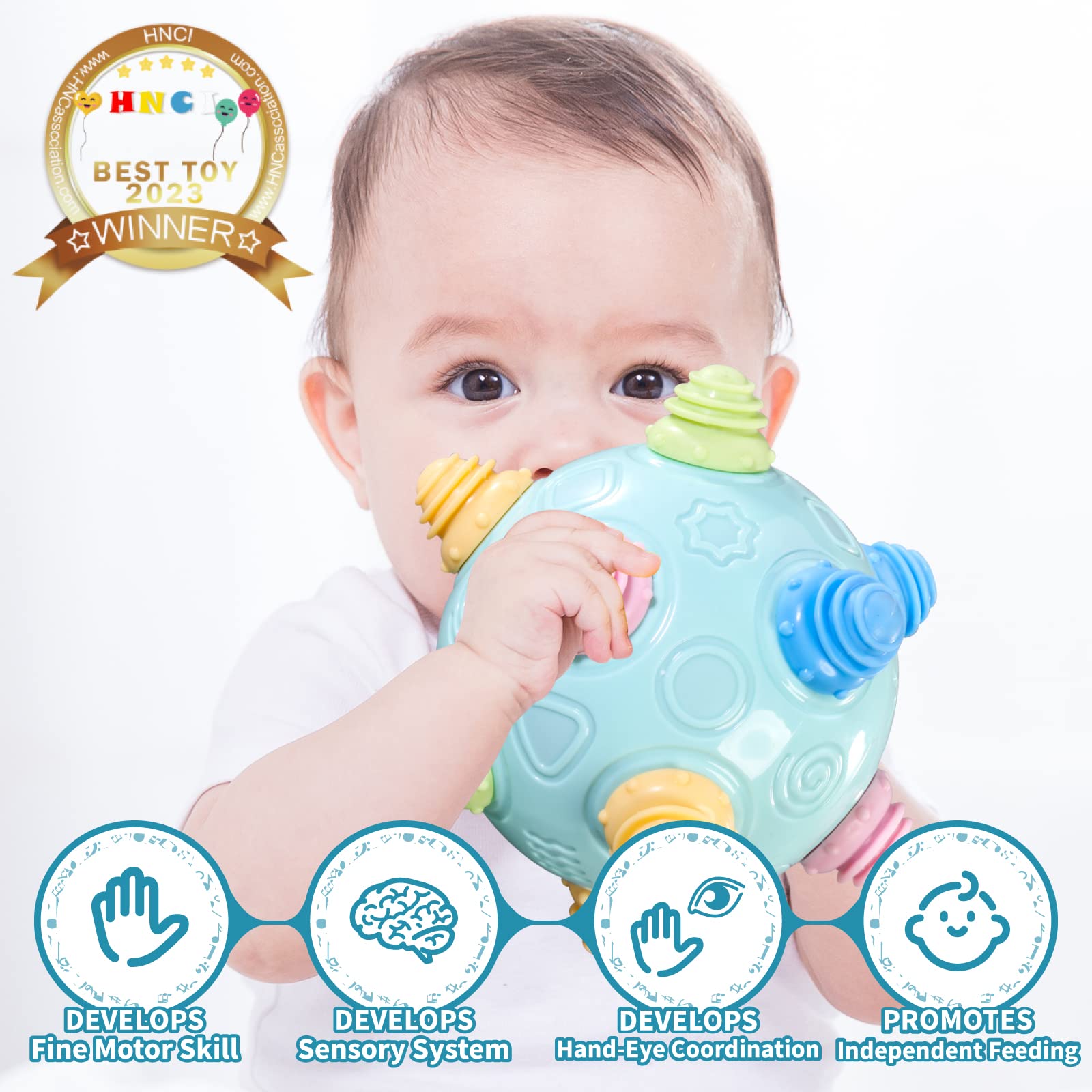 VANLINNY Bumble Ball textured bumps aid grasping and crawling during tactile play.