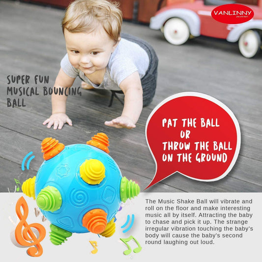 VANLINNY Buzz Ball rolling action encourages reaching and crawling.