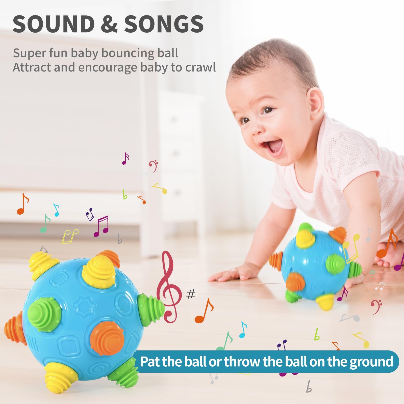 VANLINNY NEW Bumble Ball features bright colors and patterns to stimulate play.