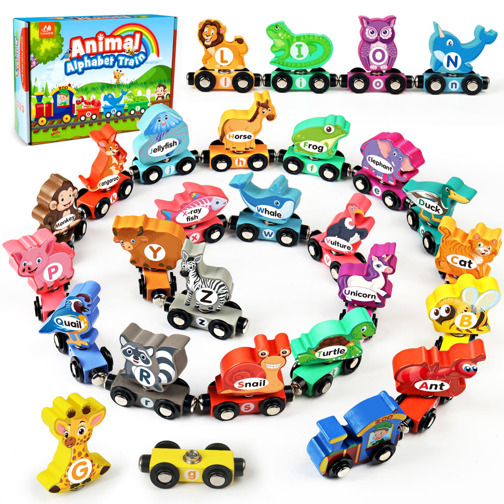 Vanmor wooden train set with animals and letters for early literacy play