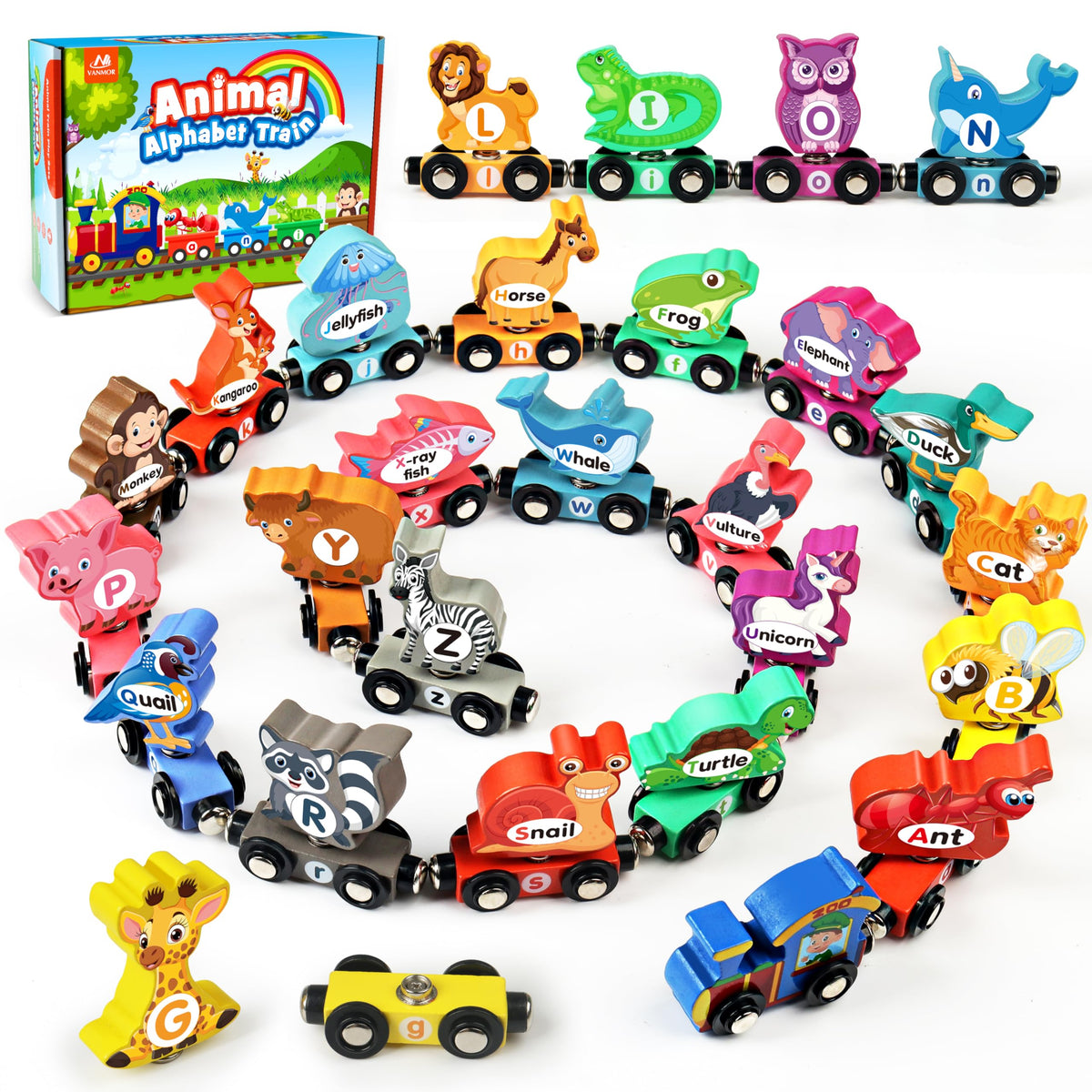 Vanmor wooden train set with animals and letters for early literacy play