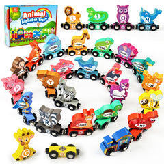 Vanmor wooden train set with animals and letters for early literacy play