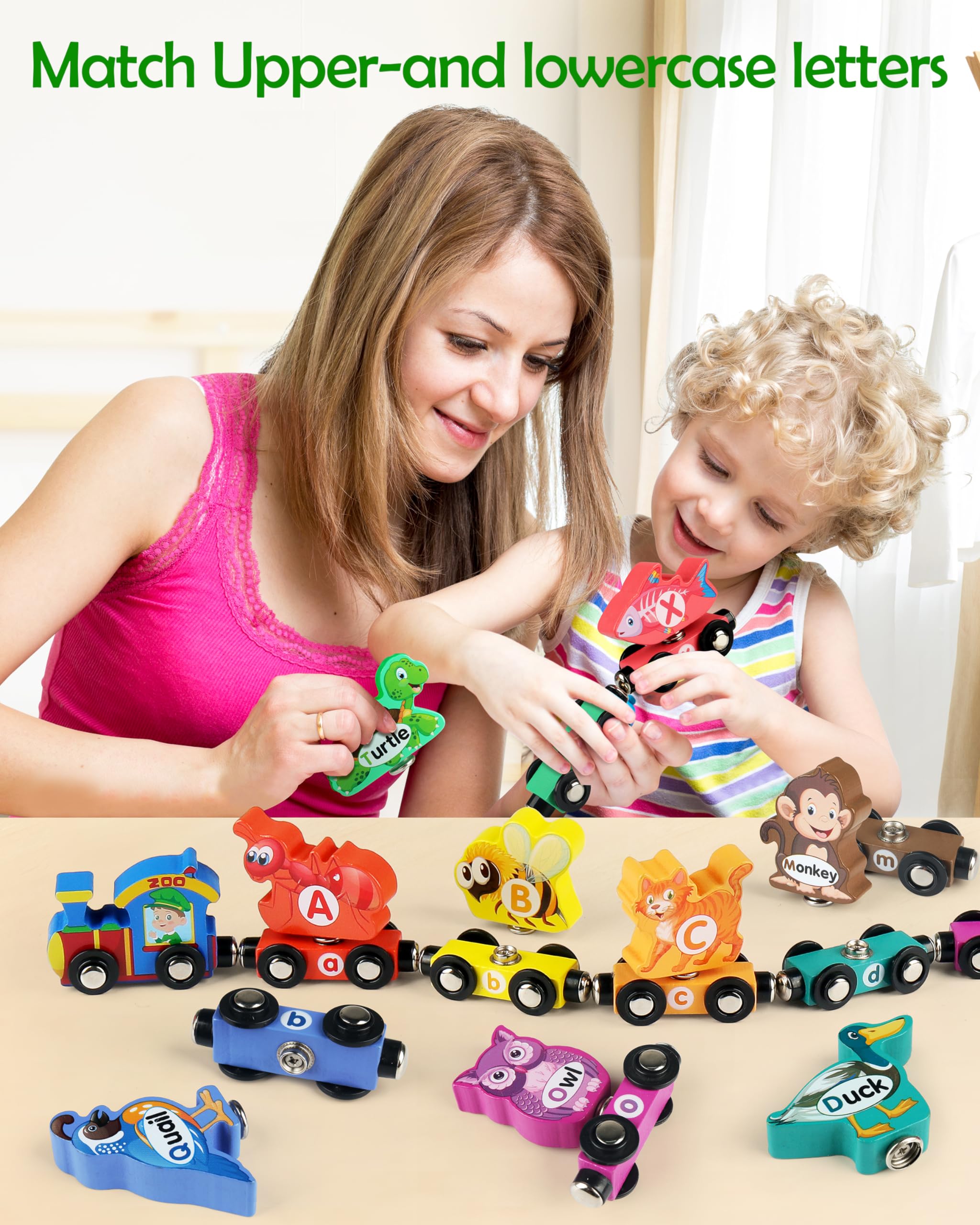 Vanmor wooden train set showing snap connection and magnetic cars for easy assembly