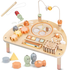 Vanplay 8-in-1 wooden activity table with varied toddler learning stations.