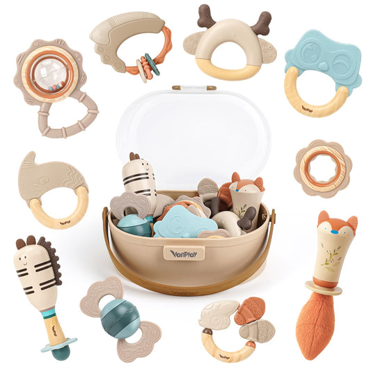 Vanplay baby rattles and teethers set packaging showcases the complete 10-piece collection for newborn play.