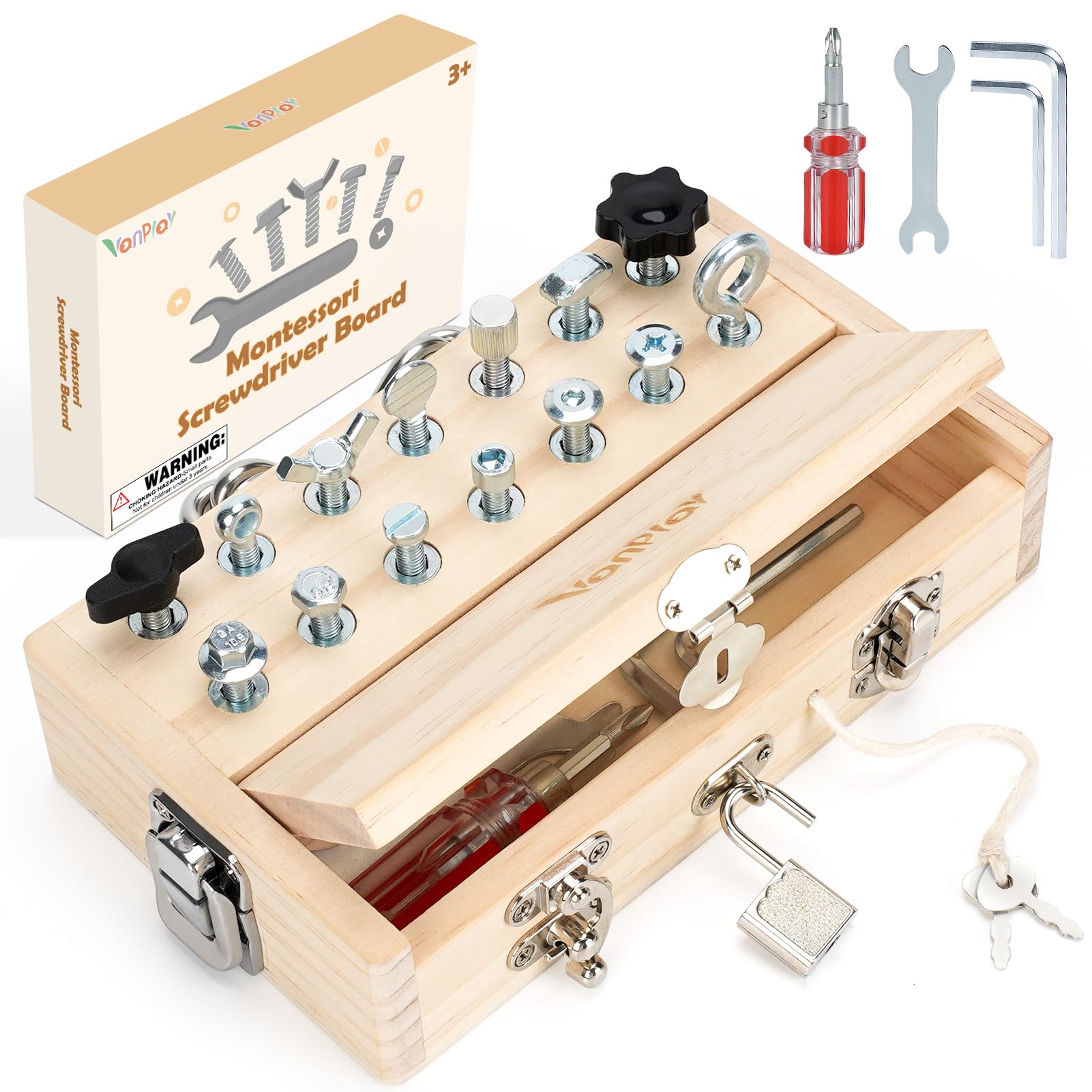 Vanplay Busy Board open-box view showing screwdriver activities for focused play and skill-building.