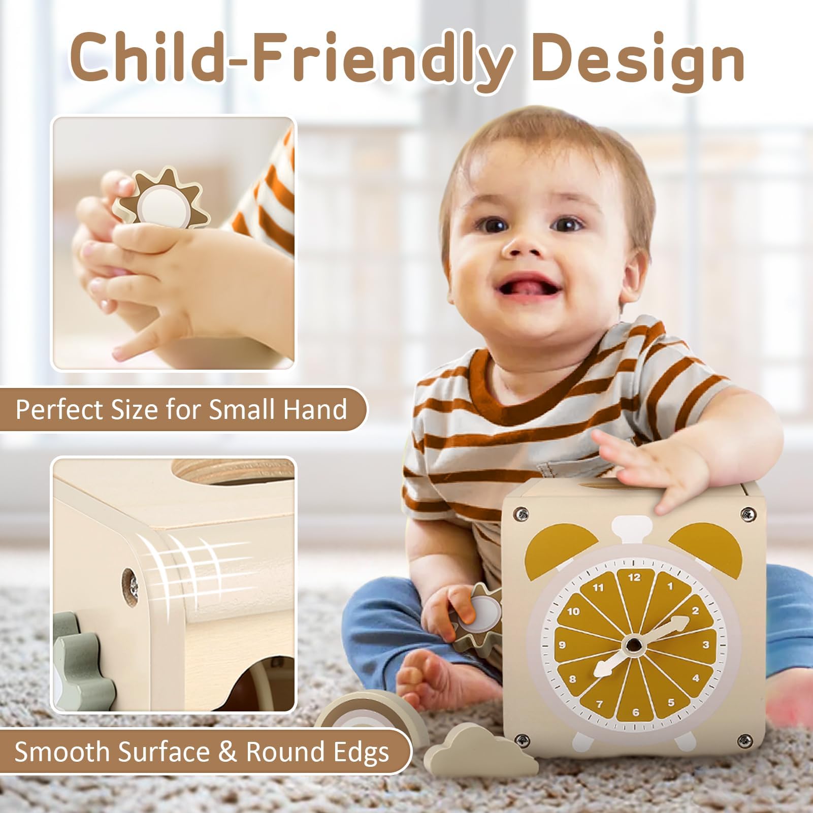 Vanplay Montessori 5in1 activity cube shape sorter strengthens hand-eye coordination.