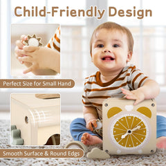 Vanplay Montessori 5in1 activity cube shape sorter strengthens hand-eye coordination.