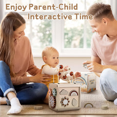 Vanplay Montessori 5in1 activity cube smooth wood edges ensure safe play.