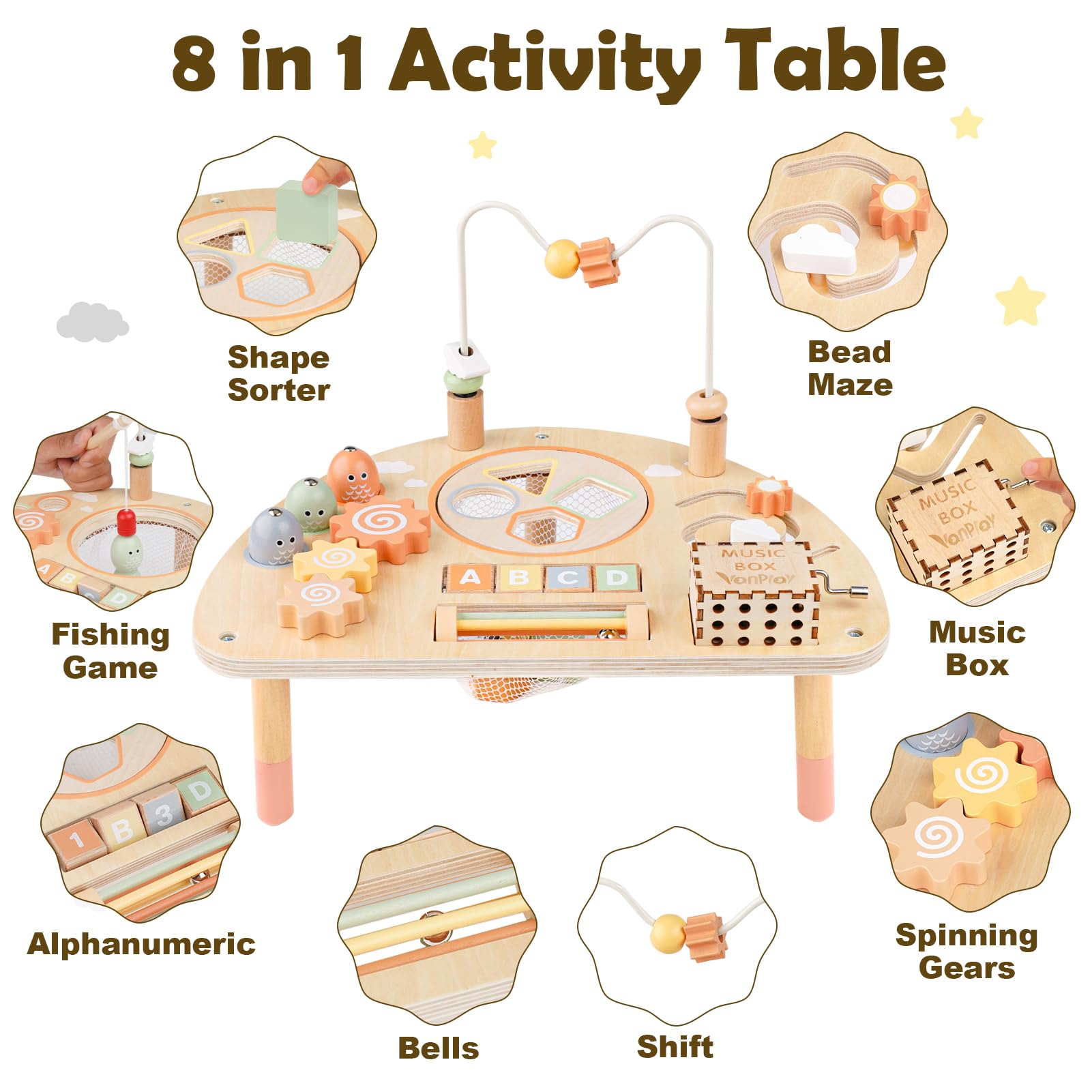 Vanplay bead maze and shape sorter promotes coordination during play.