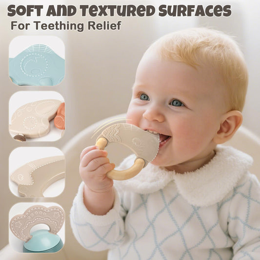 Vanplay soft silicone teether with animal shapes for safe teething relief.