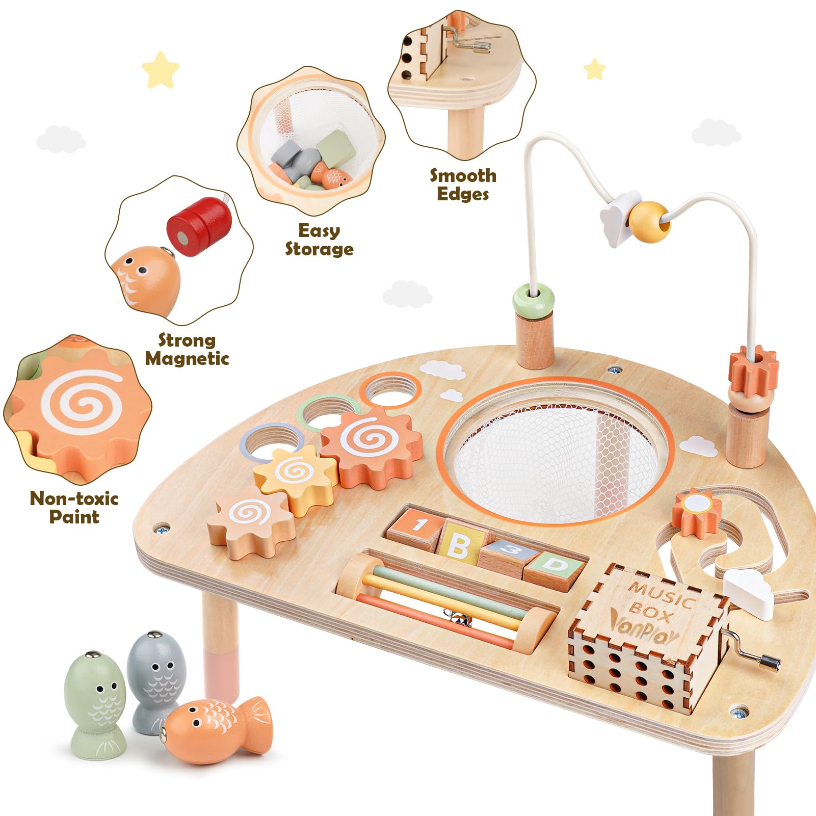 Vanplay spinning gears and music box stimulate senses during interactive play.