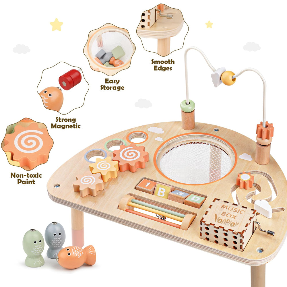 Vanplay spinning gears and music box stimulate senses during interactive play.
