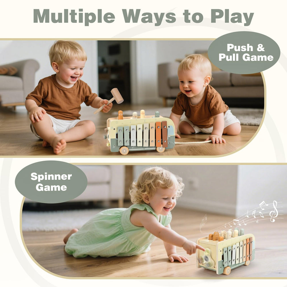 Vanplay spinning gears wooden toy fosters cognitive thinking via gear rotation.