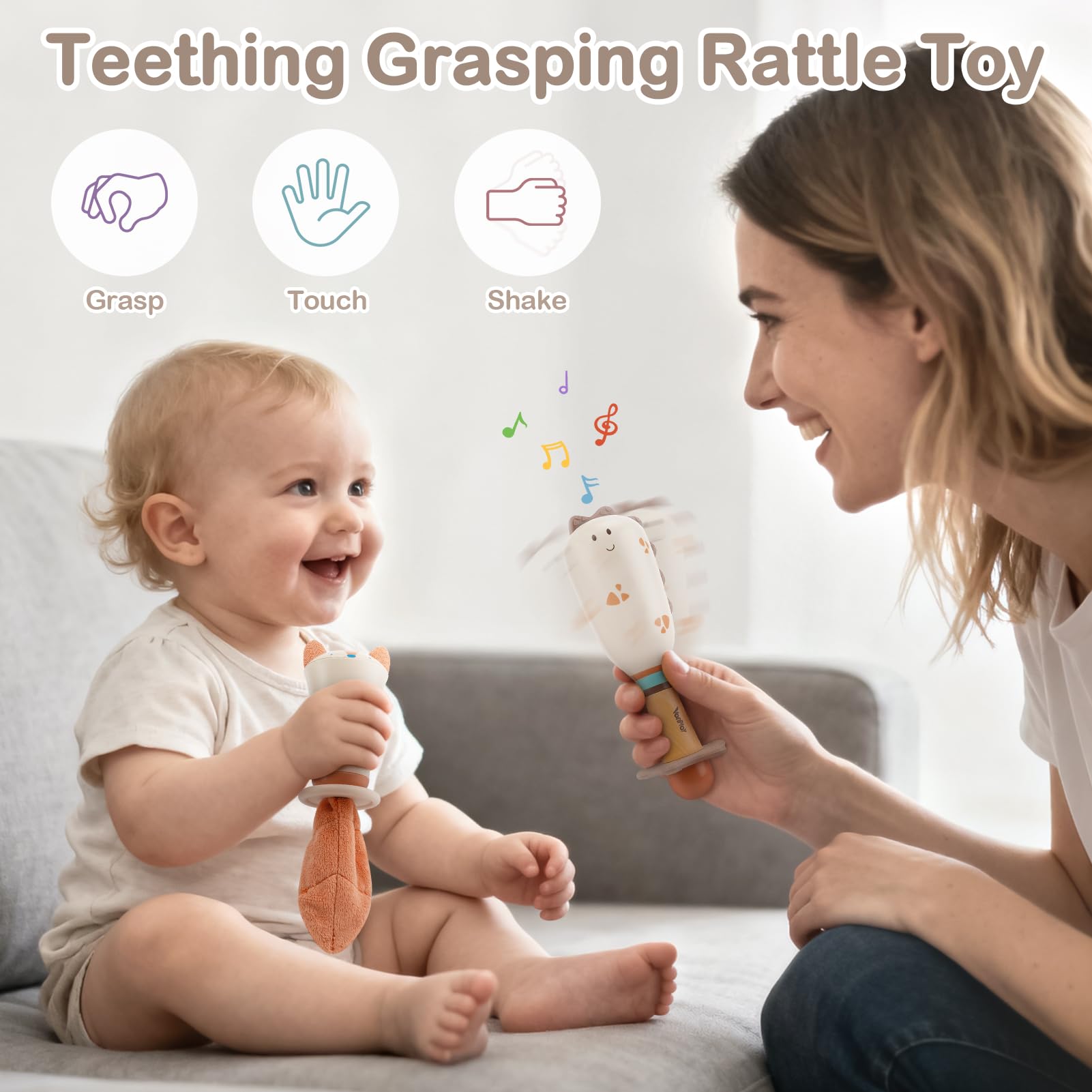 Vanplay silicone teether rattle soothes teething gums.