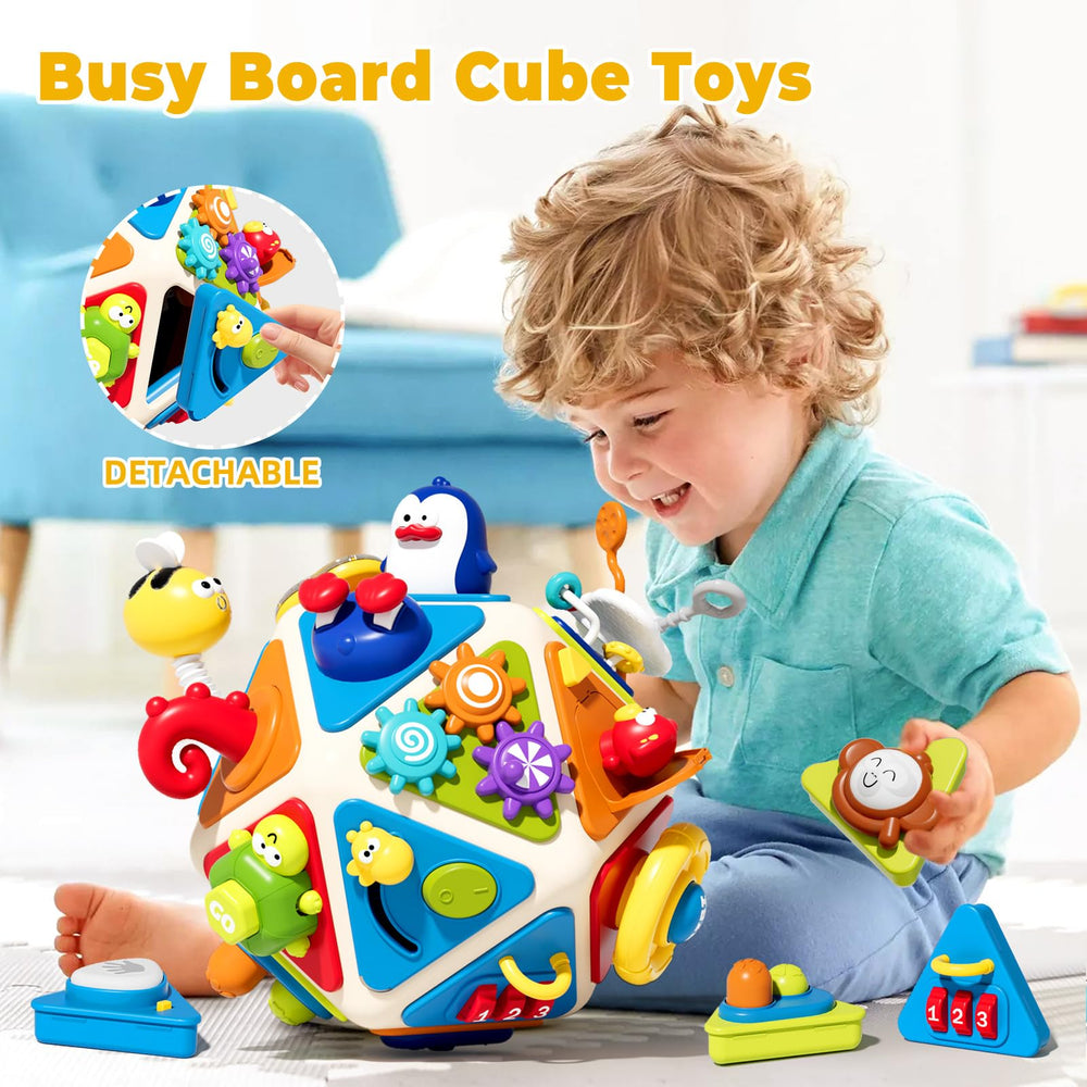 Vanvimen Busy Board cube finger-press area engages tactile exploration and concentration.