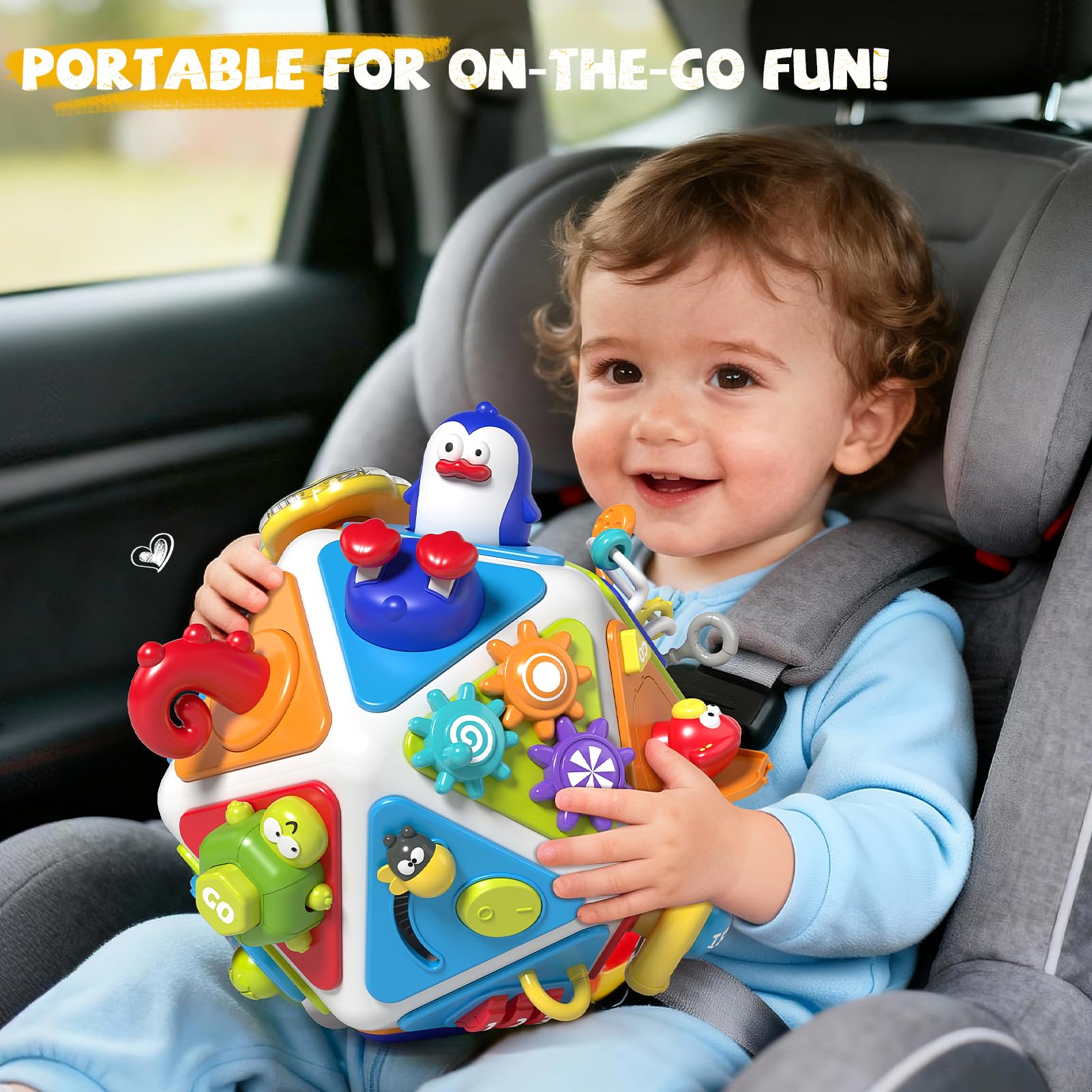 Vanvimen Busy Board cube steering wheel simulates driving play for imaginative exploration.