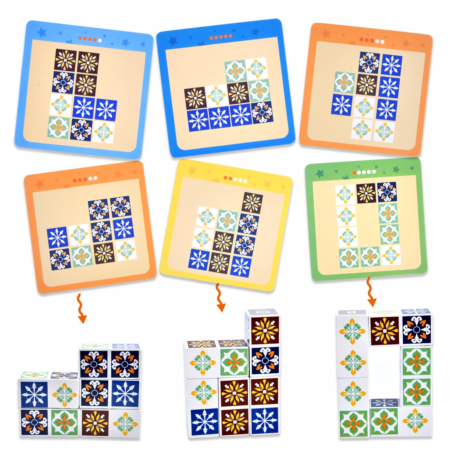 Varbertos pattern block puzzles showing shapes and cards for cognitive skills.