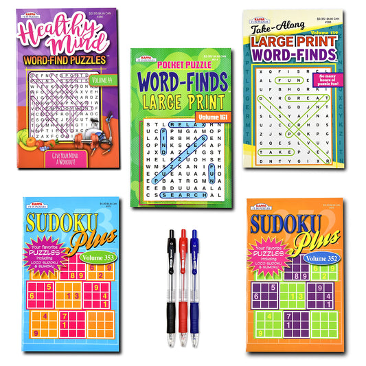 Variety Savings 5-pack travel sudoku and word-find collection—portable brain challenges for on-the-go puzzle lovers.