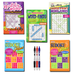 Variety Savings 5-pack travel sudoku and word-find collection—portable brain challenges for on-the-go puzzle lovers.