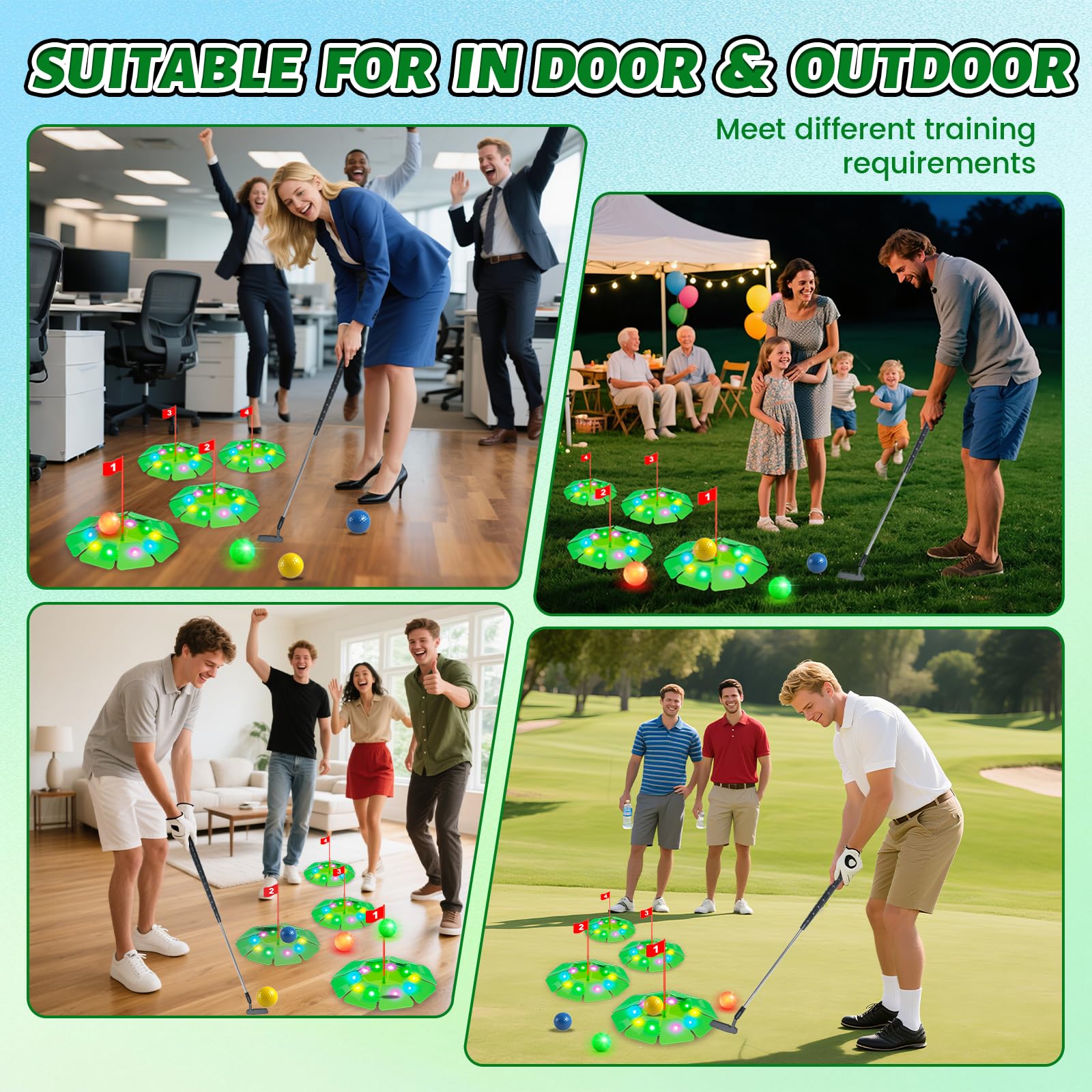 VATOS glow-in-the-dark golf kit suits kids and adults for family fun.