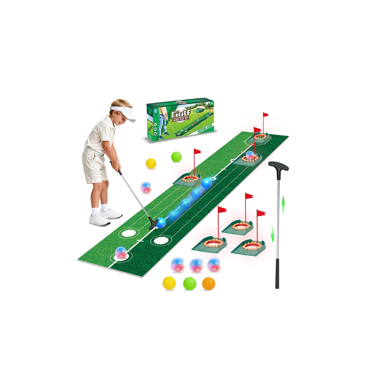 VATOS golf-putting-set glow mat helps kids track putts in the dark for easier practice.