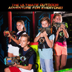 Close-up of VATOS laser tag guns showing compact design for easy grip.