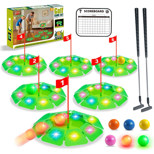 VATOS light-up golf putting set shows six glowing holes for night practice.