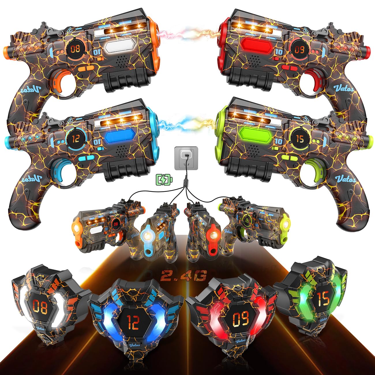 VATOS laser tag set with 4 guns and 4 vests ready for outdoor family fun.