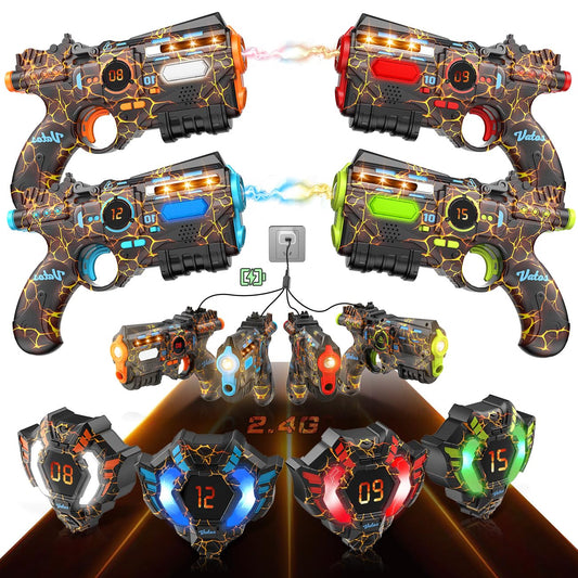 VATOS laser tag set with 4 guns and 4 vests ready for outdoor family fun.
