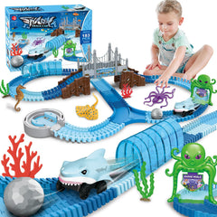 VATOS Track Toys shark race car on blue ocean track for imaginative play.