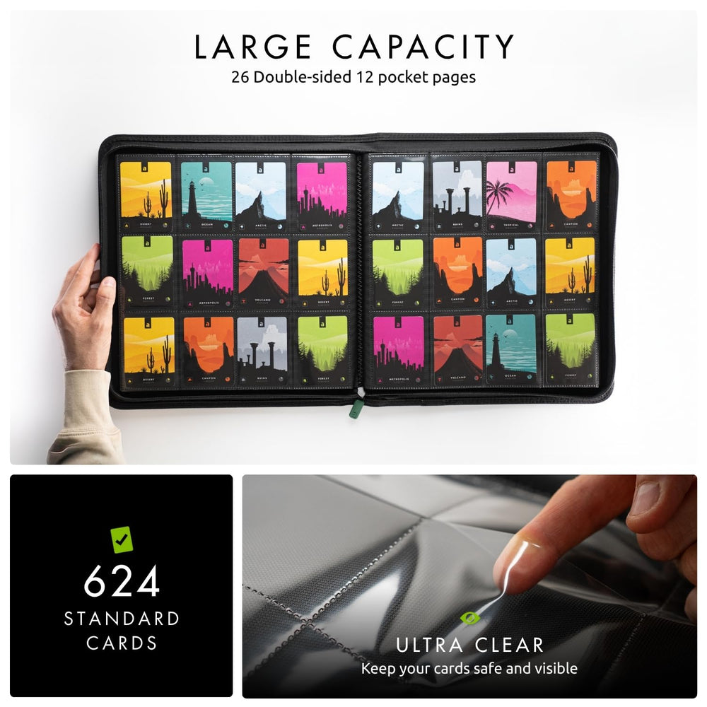 Vault X binder page features 12 side-loading pockets per page for easy access.