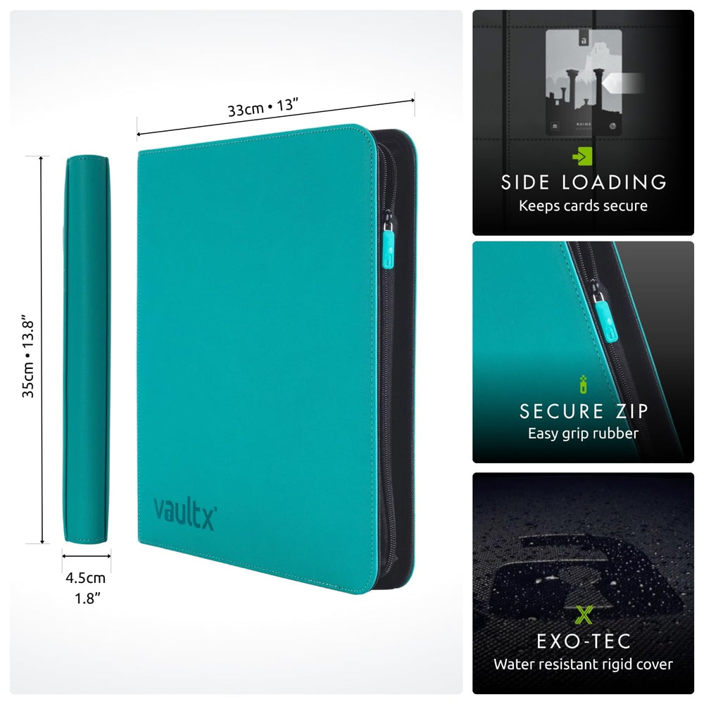 Open Vault X binder shows 12-pocket pages in teal edition