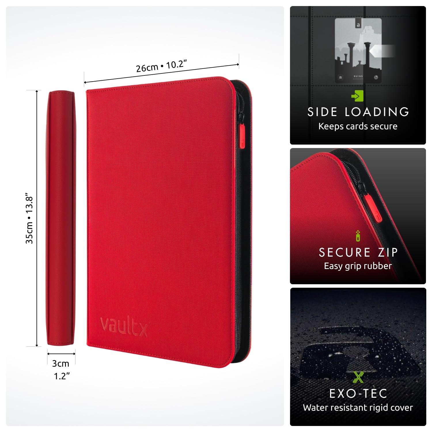 Vault X binder shows 360-card capacity and zip closure for travel.
