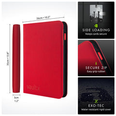Vault X binder shows 360-card capacity and zip closure for travel.
