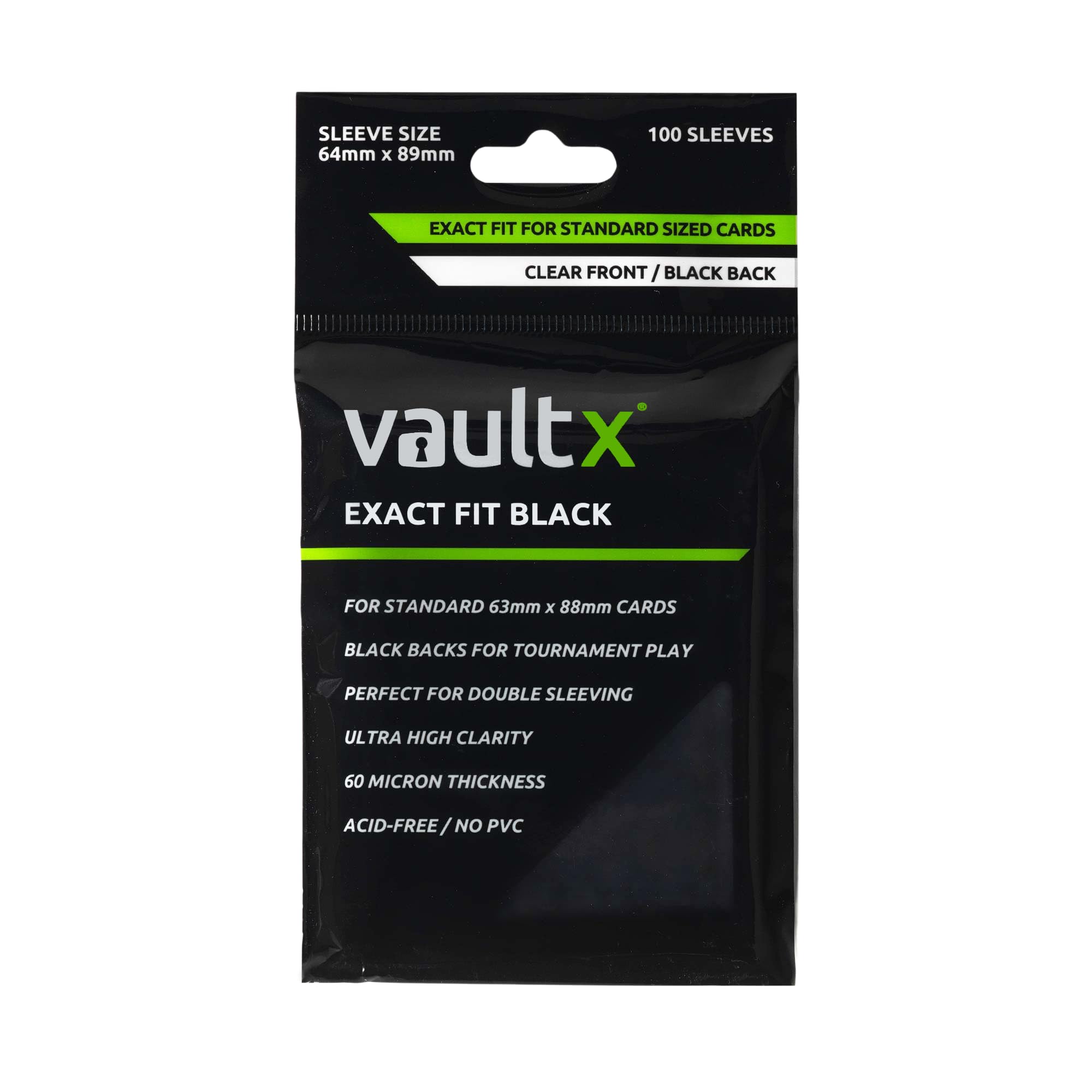 Vault X exact-fit inner-sleeves with black back protect standard cards for tournament play.