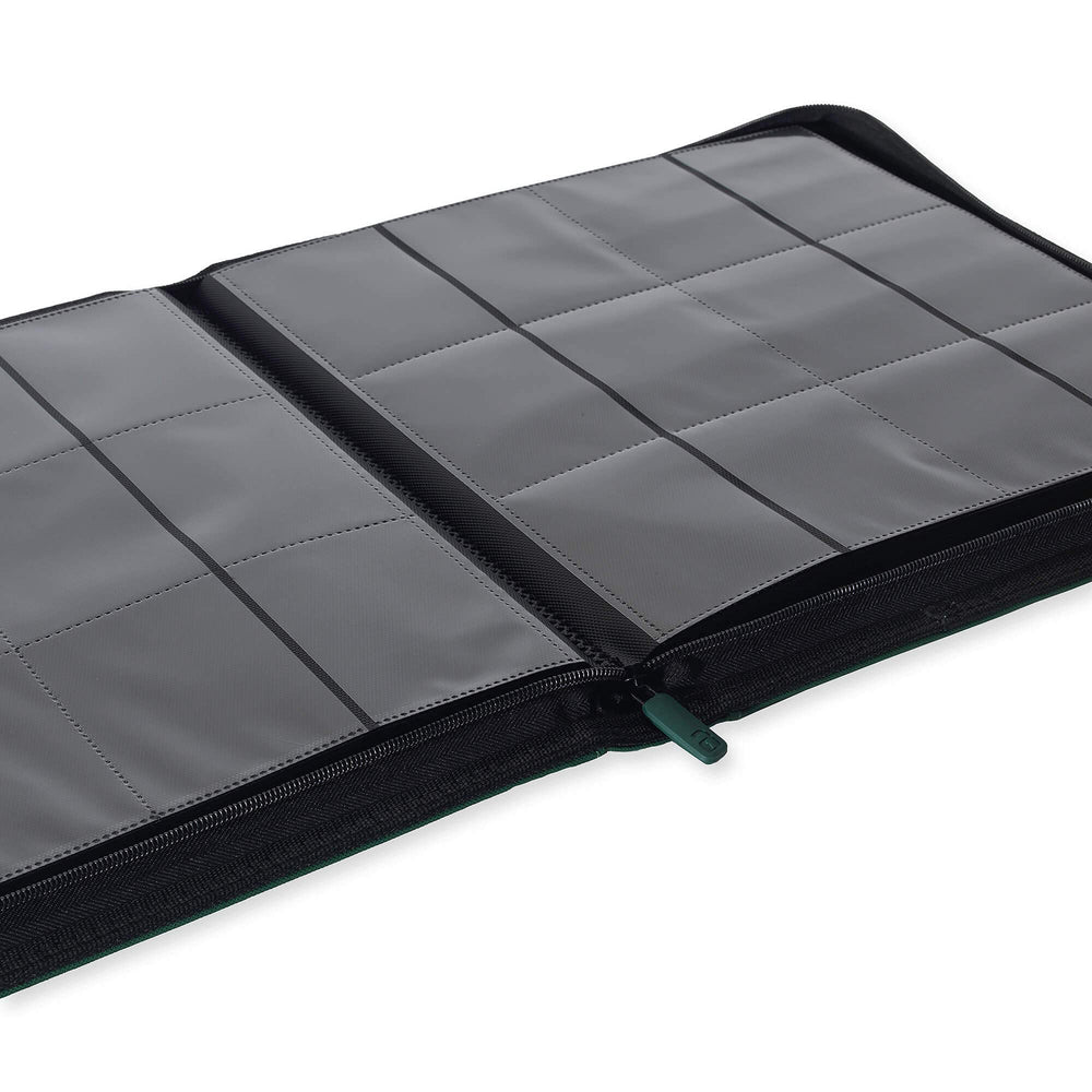 Vault X green binding fits standard card sleeves for protection.