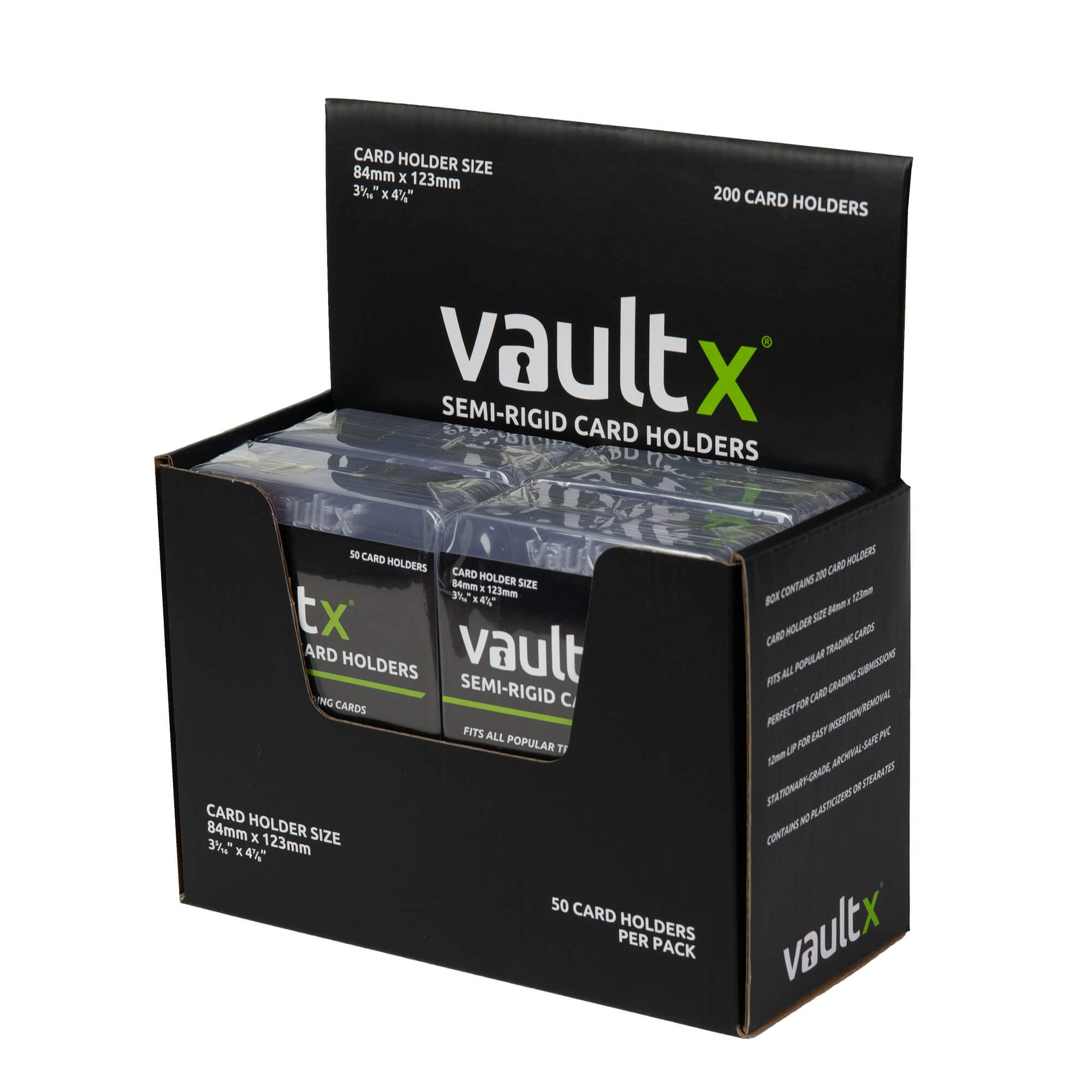 Vault X semi-rigid card holders 200-pack box ready for grading shipments.